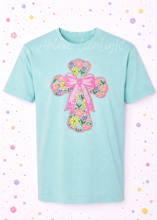 Pink Bow Floral Cross Easter Sequin Patch Tshirt