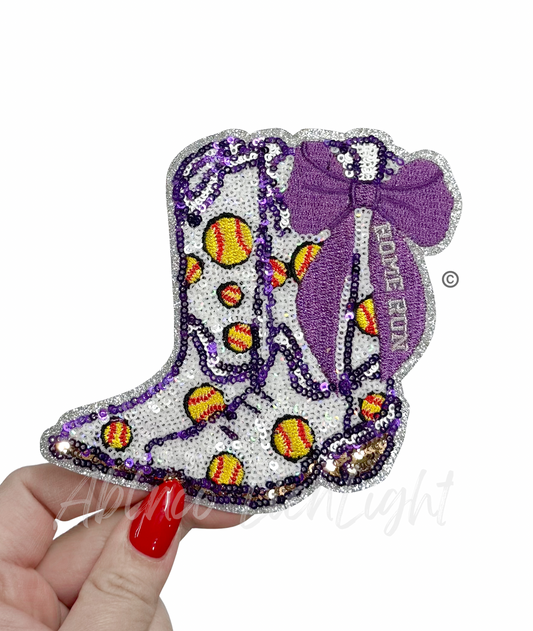 Softball Homerun Star Purple Bow Boots Sequin Patch - Small