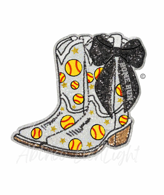 Softball Homerun Star Black Bow Boots Sequin Patch - Large