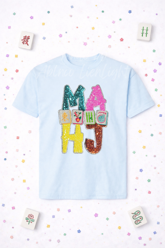 Colorful MAHJ Mahjong Tiles Sequin Patch Tshirt
