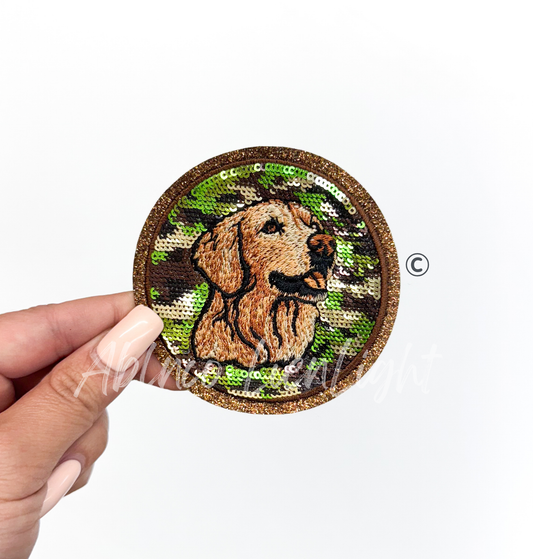 Golden Retriever Dog Hunting Camo Sequin Patch