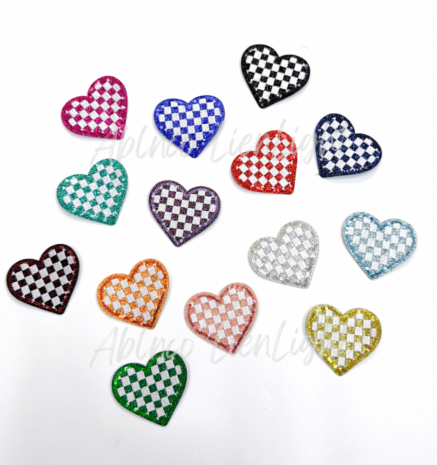 Light Blue Checkered Heart Sequins Glitter Patch