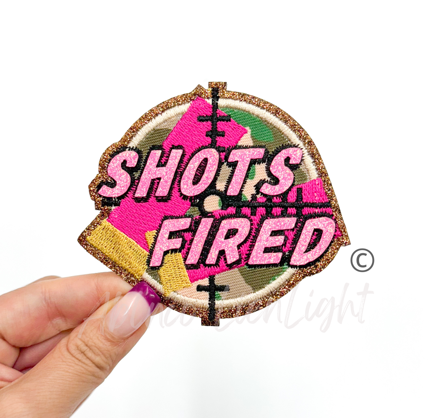 Shots Fired Hunting Camo Pink Glitter Embrodiery Patch©️