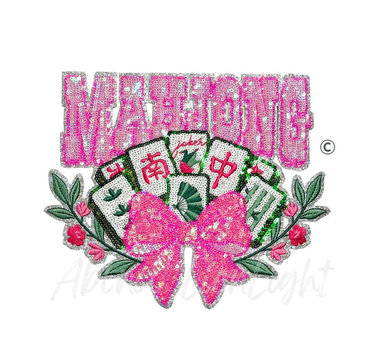 Pink Bow Mahjong Tiles Sequin Patch - Large
