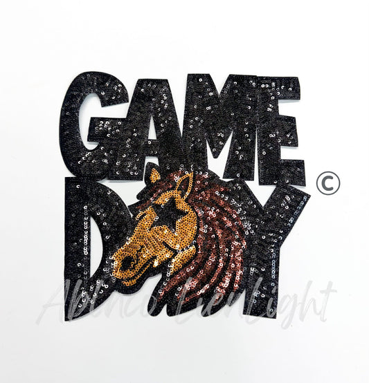 Black Mustang Game Day Mascot Sequins Patch - Large