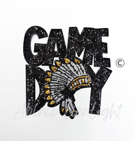 Black Chief Warrior Game Day Mascot Sequins Patch - Large