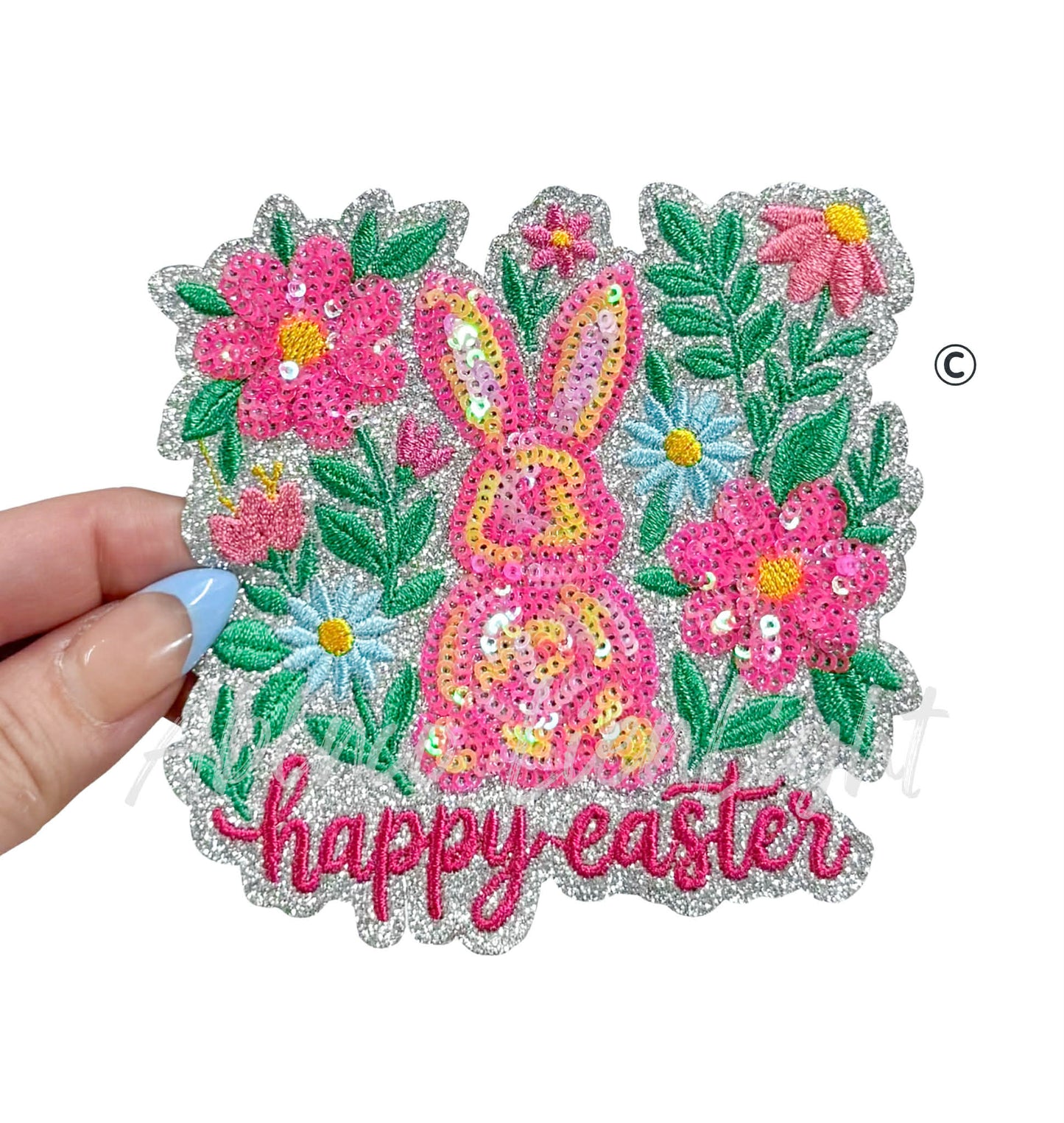 Floral Bunny Happy Easter Sequin Patch -Small