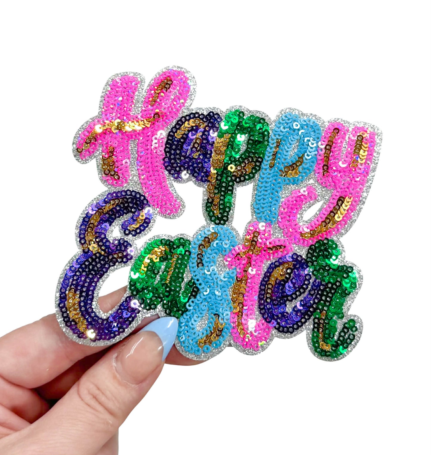 Colorful Cursive Happy Easter Sequin Patch - Small