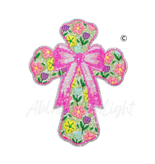 Pink Bow Floral Cross Easter Sequin Patch - Large