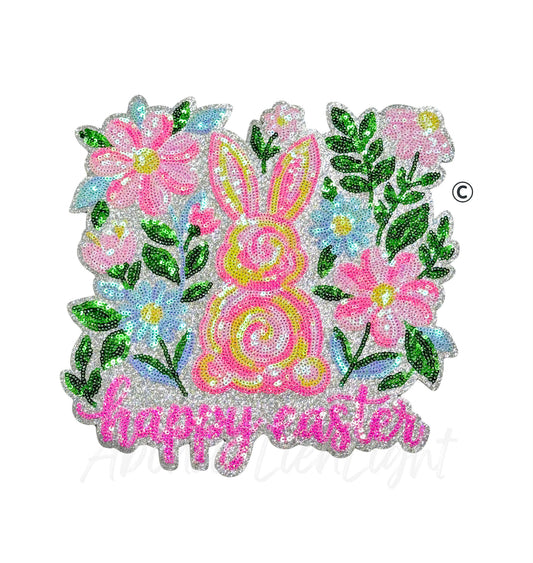 Floral Bunny Happy Easter Sequin Patch -Large