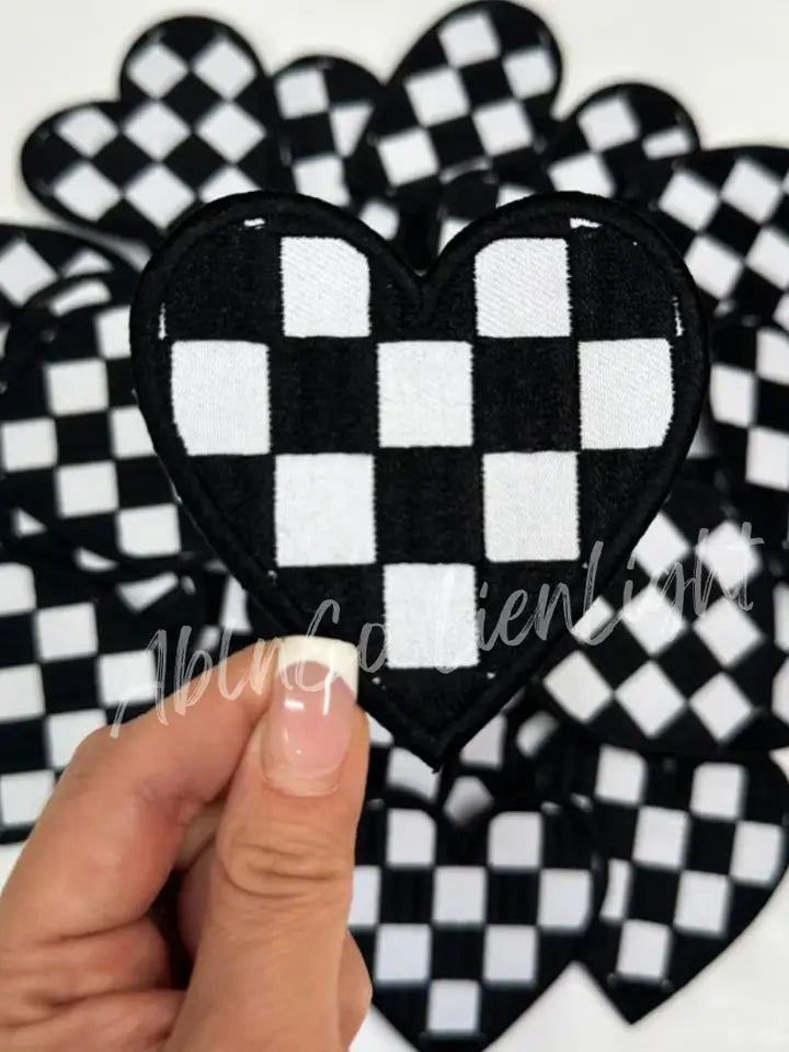 Black Checkered Heart Embroidery Patch