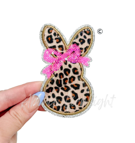 Cheetah Print Bow Bunny Easter Sequin Patch - Small